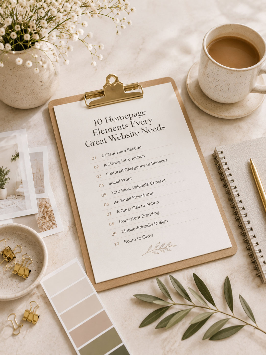 Homepage design planning checklist with branding materials, color palette, and creative workspace illustrating the essential elements of a well-designed website homepage.
