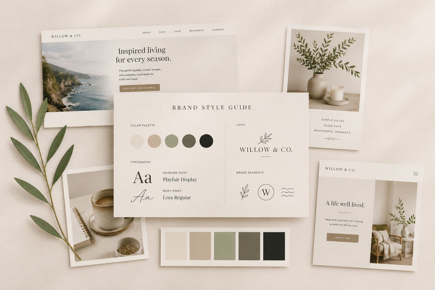 Brand style guide showing a consistent color palette, typography, logo, and visual identity for a cohesive website brand.