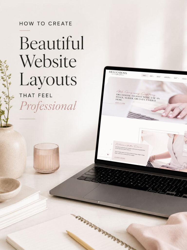 Beautiful website layouts displayed on a modern laptop in an editorial workspace