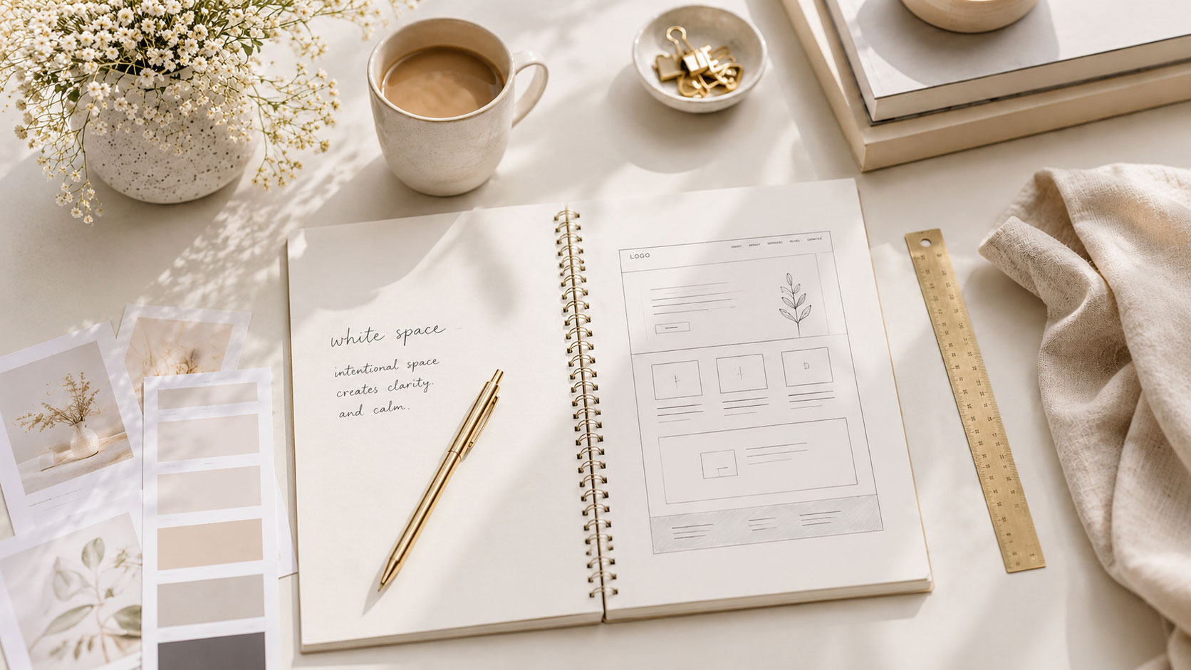 White space website design example with a spacious homepage layout and editorial workspace.
