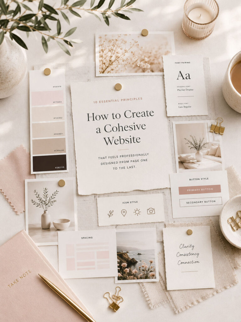 Website design planning workspace with brand materials and website mockups.