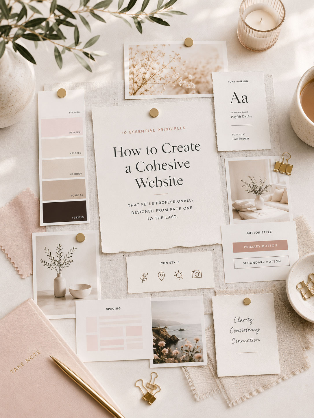 Website design planning workspace with brand materials and website mockups.