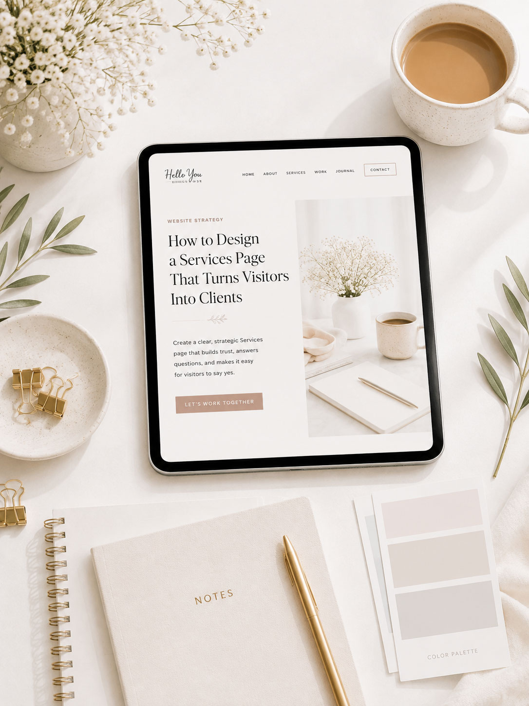 Minimal iPad mockup displaying a professionally designed Services page for a WordPress website.