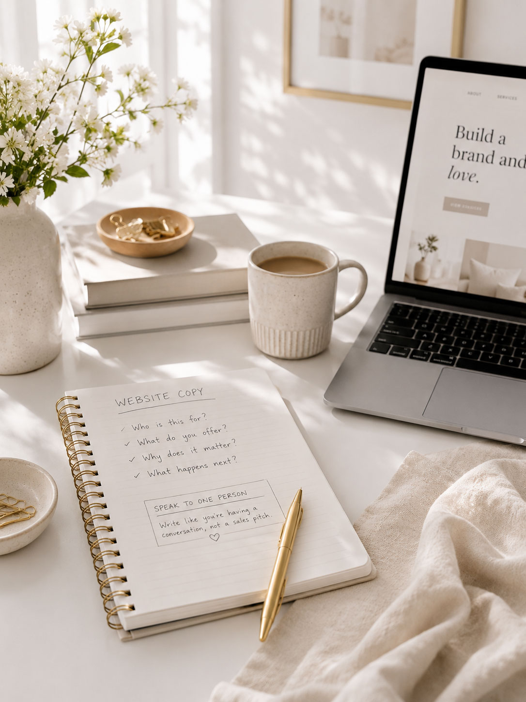 Website copy planning notebook on a bright creative workspace