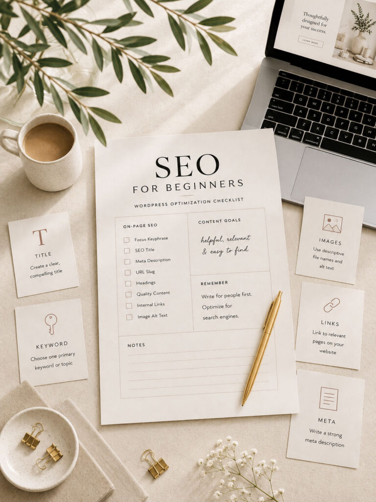 SEO checklist with laptop, keyword, title, image, link, and meta description planning cards on a neutral workspace